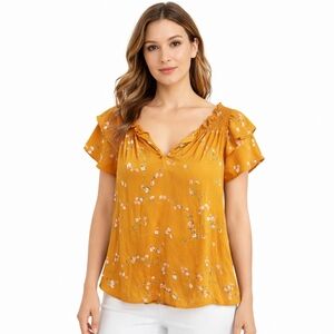 Express Yellow Flutter Sleeve Blouse with Ruffled Details